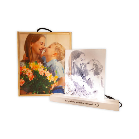 Lámpara Personalizada con tu Foto | Lámpara + Caja | Luz LED Incluida + Interruptor Táctil | Soporte de Madera Grabado | Ideal para Regalar a tus Amigos, Pareja y Familiares