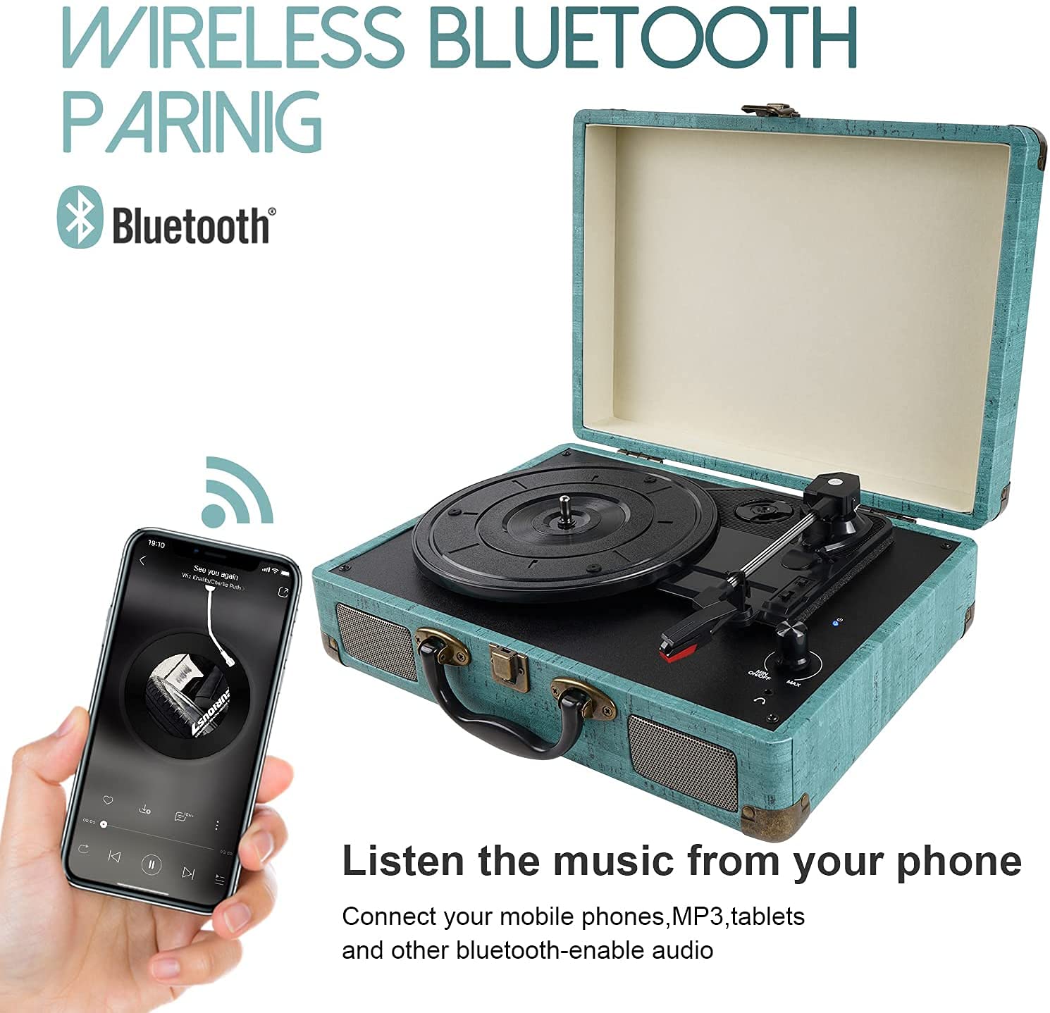 Tocadiscos Bluetooth de 3 Velocidades con Altavoces Estéreo – Reproductor de Vinilo Retro
