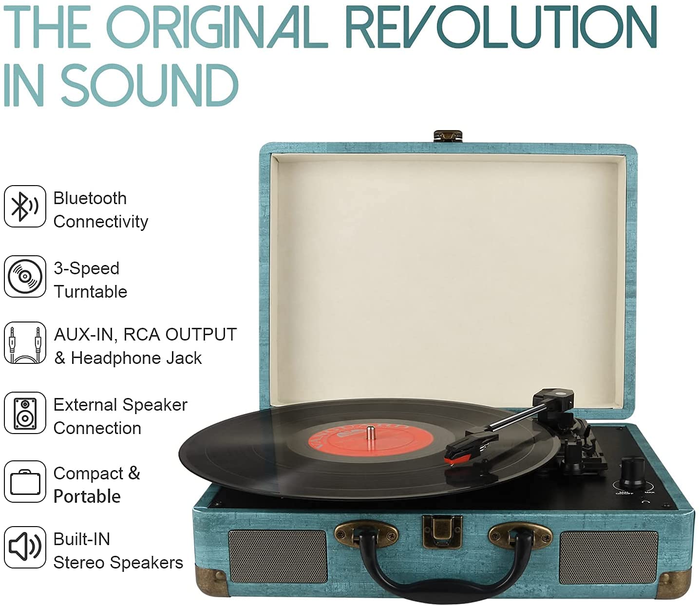 Tocadiscos Bluetooth de 3 Velocidades con Altavoces Estéreo – Reproductor de Vinilo Retro