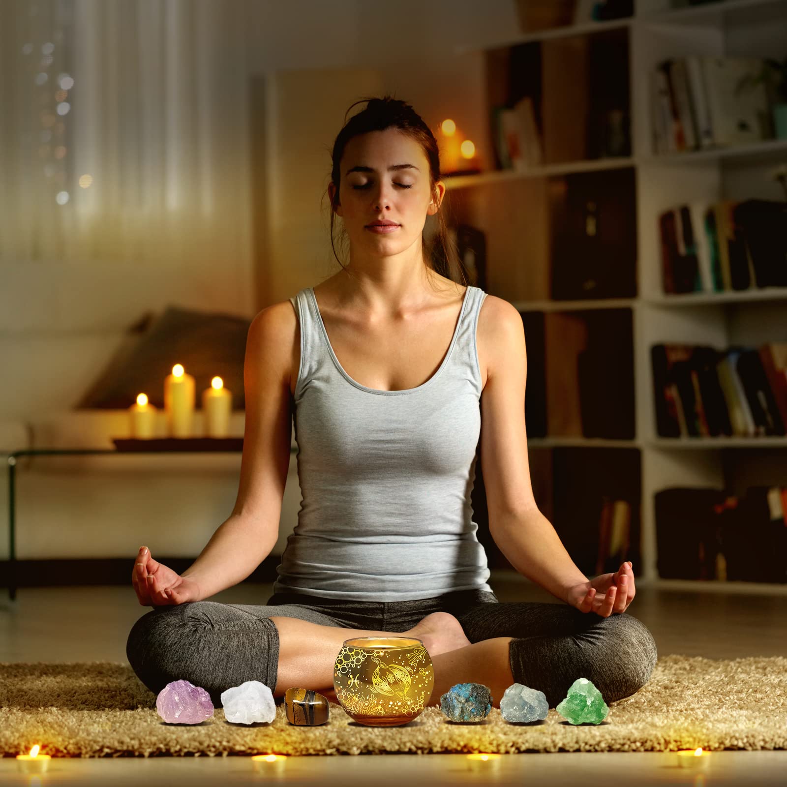 Portavelas Piscis ♓ con piedras – Regalo místico y decorativo