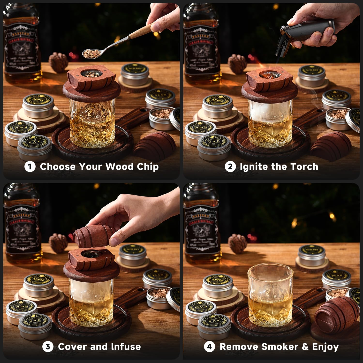 Kit para Ahumar Whisky y Cócteles – Ahumador con antorcha, chips de madera y vasos | Regalo original