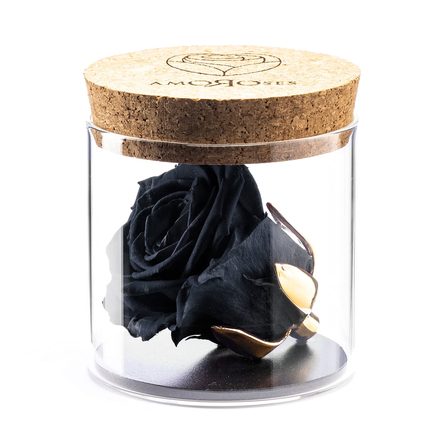 Amoroses Bijou - Rosa Eterna Estabilizada con Cáliz Chapado en Oro 24K en Frasco de Cristal | Idea de Regalo (Rosa Negro Noche)