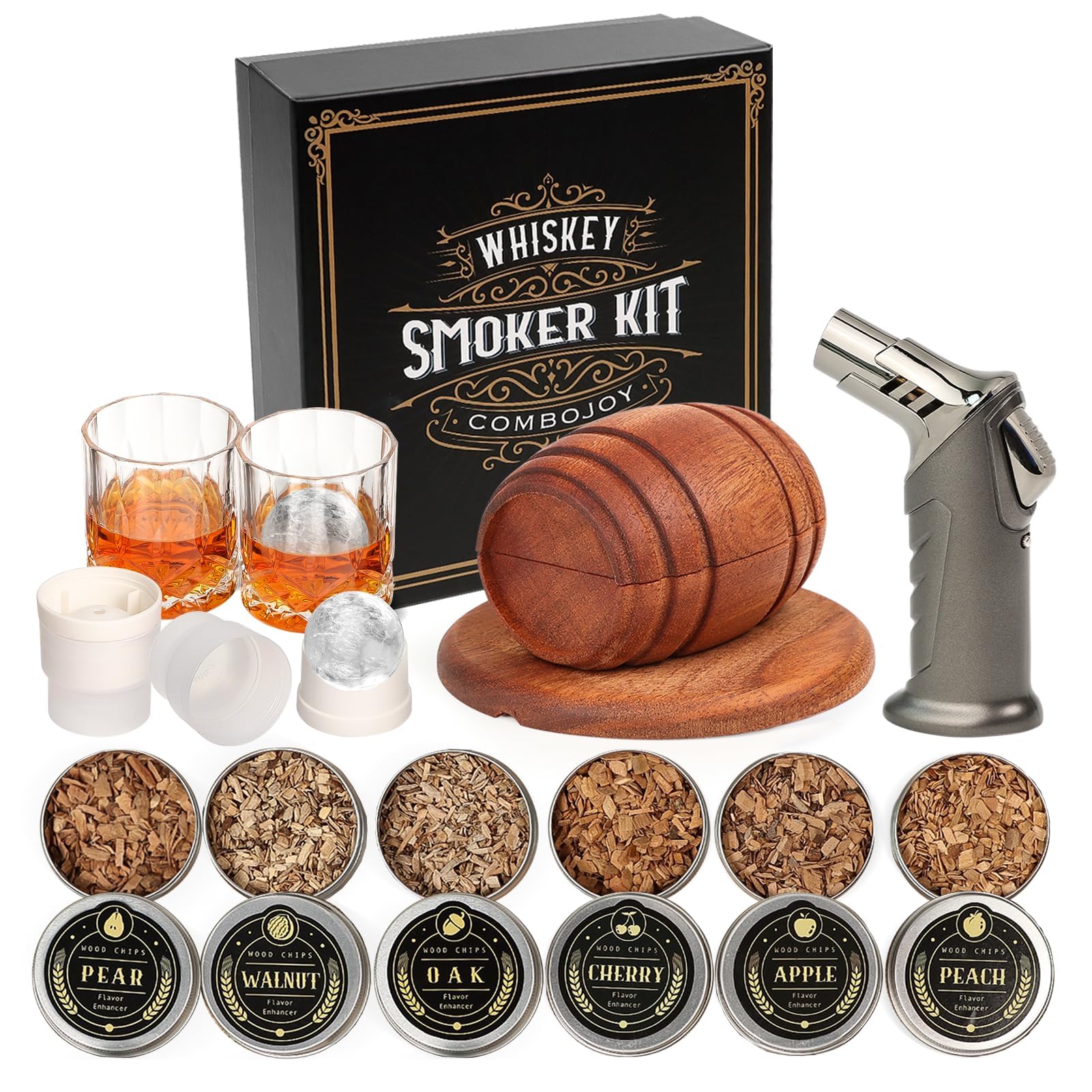 Kit para Ahumar Whisky y Cócteles – Ahumador con antorcha, chips de madera y vasos | Regalo original