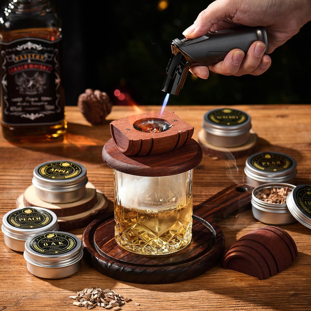 Kit para Ahumar Whisky y Cócteles – Ahumador con antorcha, chips de madera y vasos | Regalo original