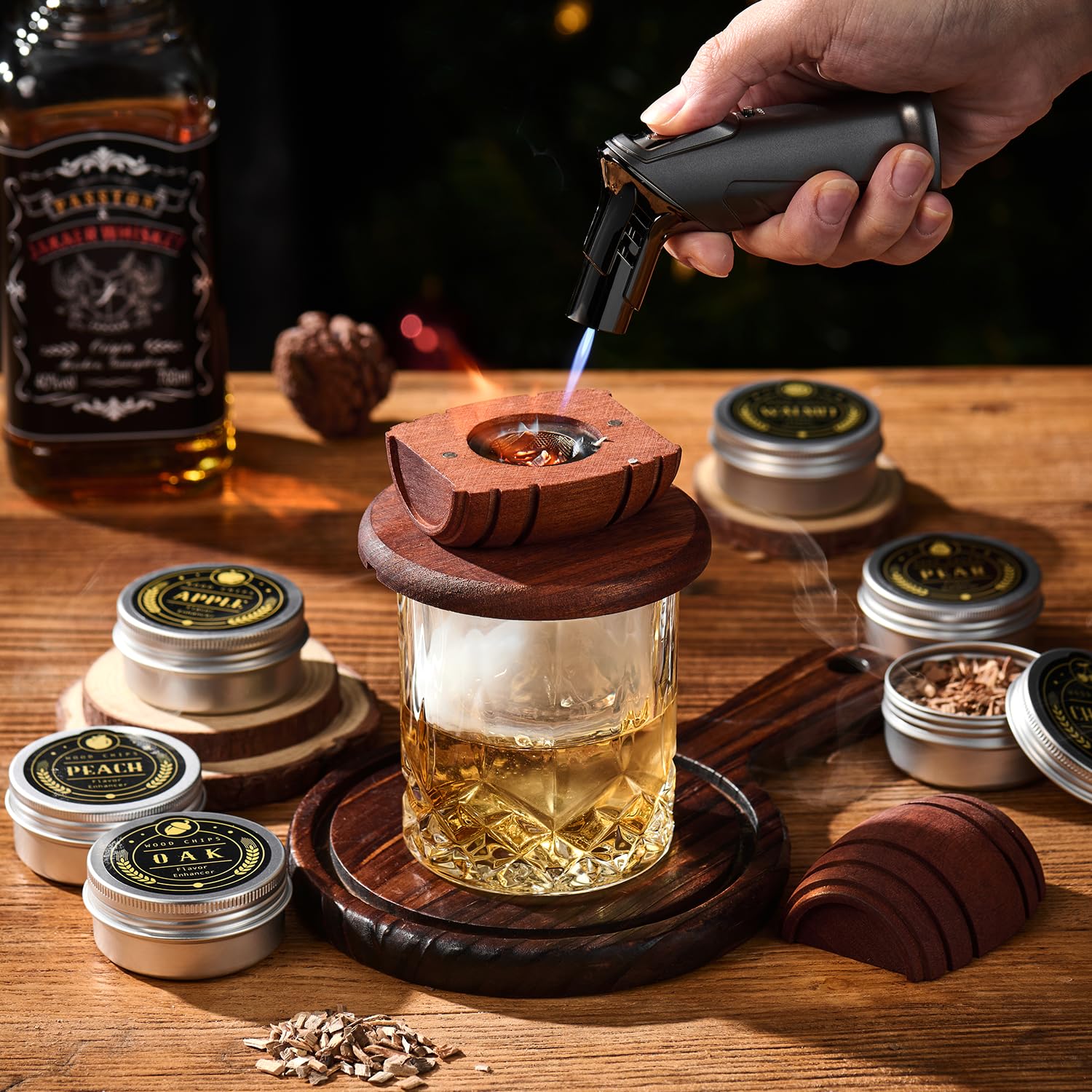 Kit para Ahumar Whisky y Cócteles – Ahumador con antorcha, chips de madera y vasos | Regalo original