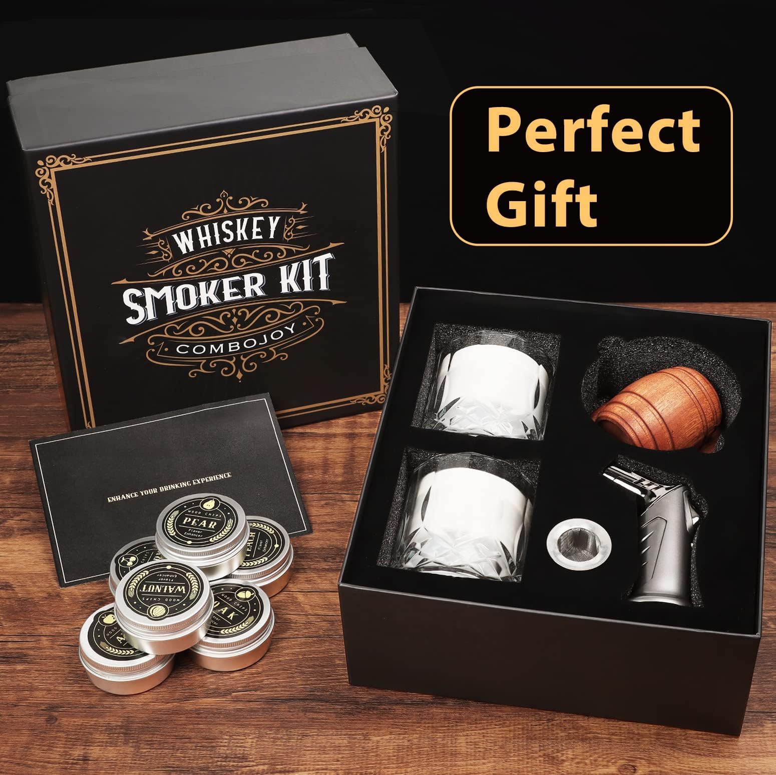 Kit para Ahumar Whisky y Cócteles – Ahumador con antorcha, chips de madera y vasos | Regalo original