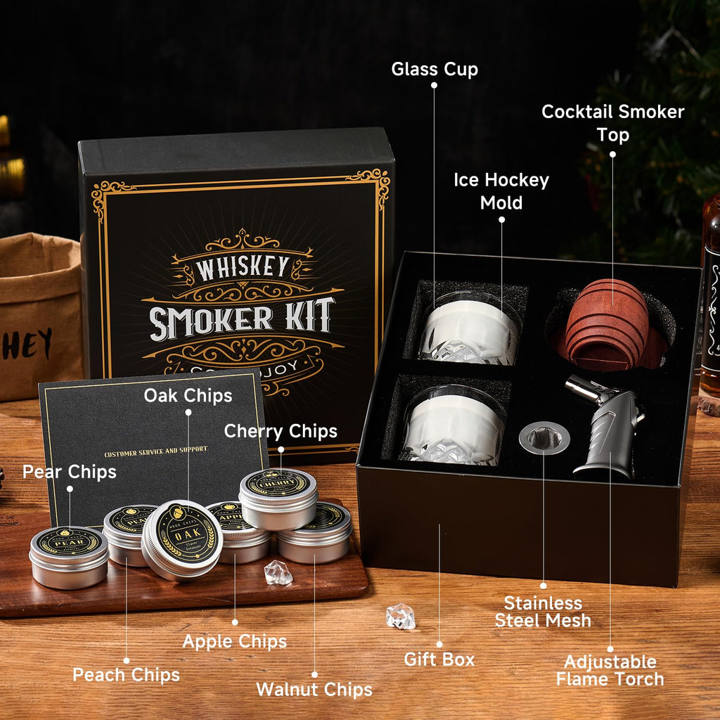 Kit para Ahumar Whisky y Cócteles – Ahumador con antorcha, chips de madera y vasos | Regalo original