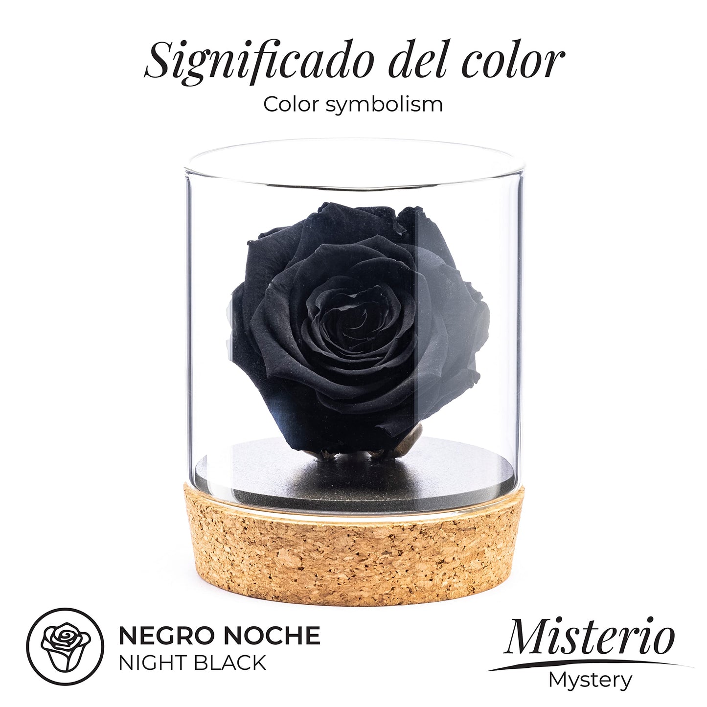 Amoroses Bijou - Rosa Eterna Estabilizada con Cáliz Chapado en Oro 24K en Frasco de Cristal | Idea de Regalo (Rosa Negro Noche)