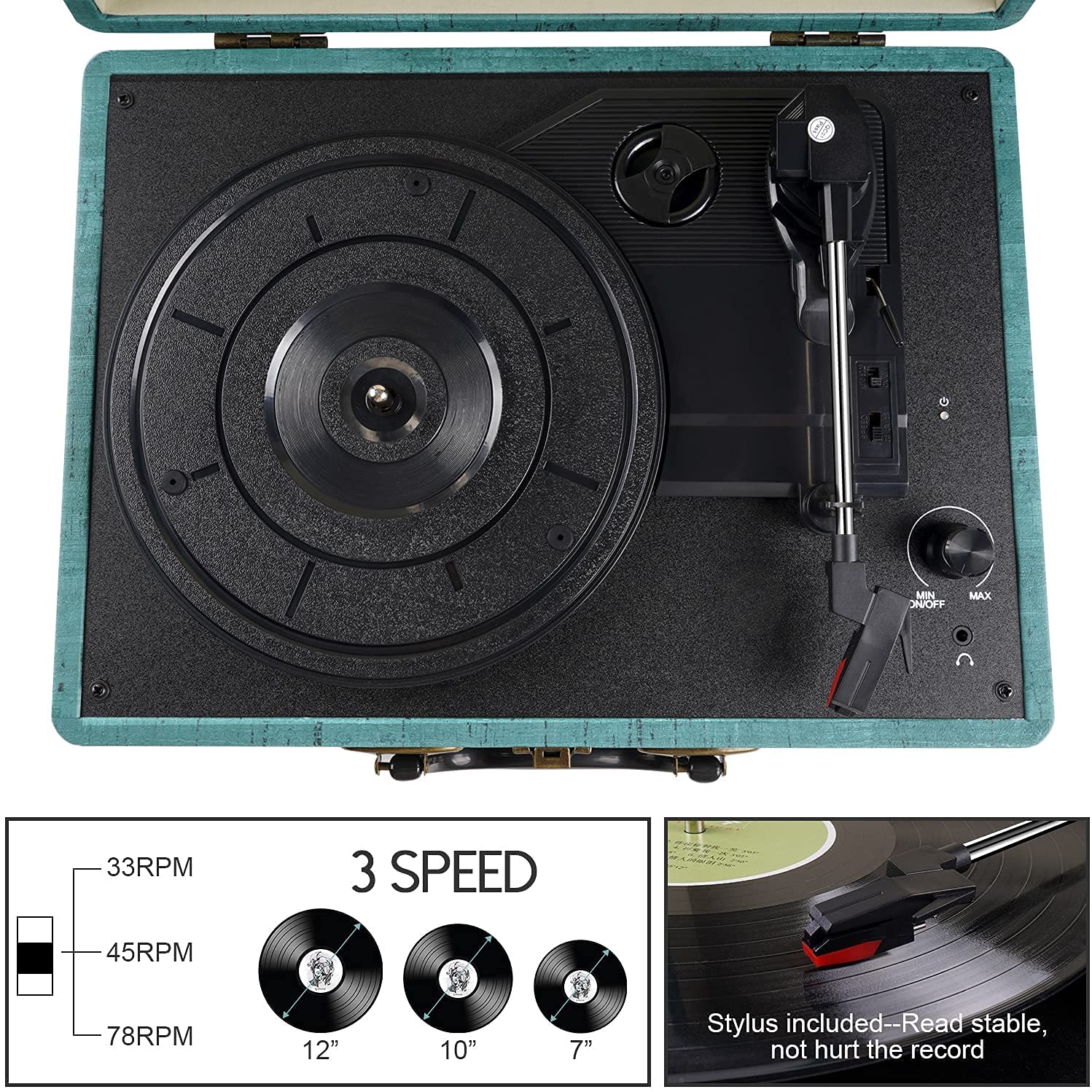 Tocadiscos Bluetooth de 3 Velocidades con Altavoces Estéreo – Reproductor de Vinilo Retro
