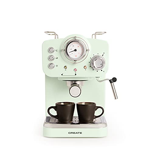 CREATE / THERA RETRO / Cafetera Express para Espresso y Cappucino Verde Pastel / 1100W, 15 Bares, Vaporizador Orientable, capacidad 1.25l, Café Molido y Monodosis, Con Doble Salida