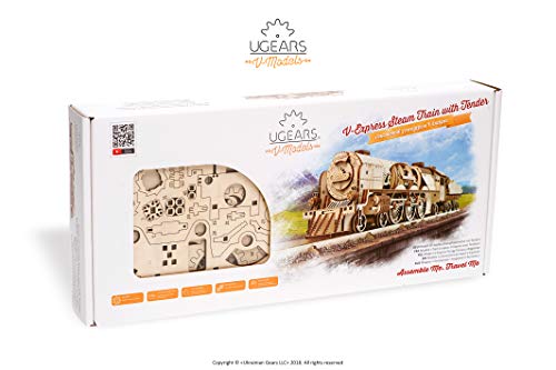 UGEARS V-Express Tren de Vapor - Set de Construcción Puzzle 3D Locomotora Modelo Mecánico de Madera