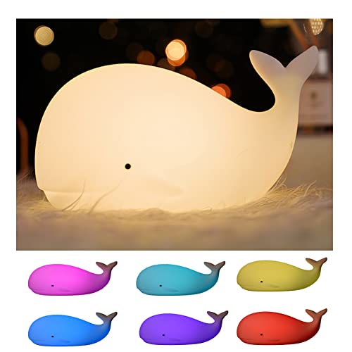 Ballena Luz De Noche Para BebéS Y NiñOs,Silicona De Color Led PortáTil,Modo De LáMpara Dual CáLida,ConversióN De Color Blanco Y 7 Luces,Control TáCtil Sensible,Puerto Usb Recargable(Blanco)