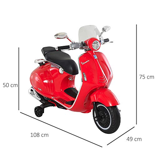 HOMCOM Moto Eléctrica Vespa Faros Música 2 Ruedas Auxiliares para Niños Mayores de 3 Años Motocicleta Infantil Autorizada 108x49x75 cm Rojo - no se que regalar