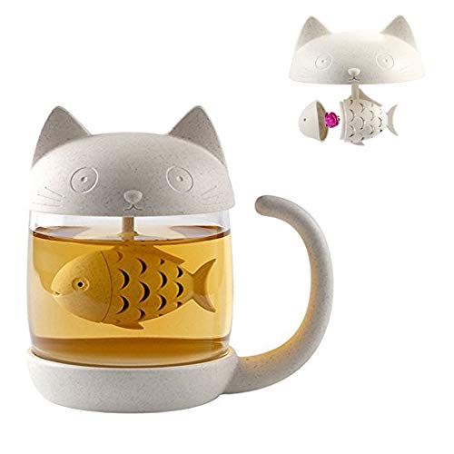 Taza de té de Cristal del Gato Taza De Agua Bottle-with Fish Tea Filtro Filtro de infusión 250ml (8oz)