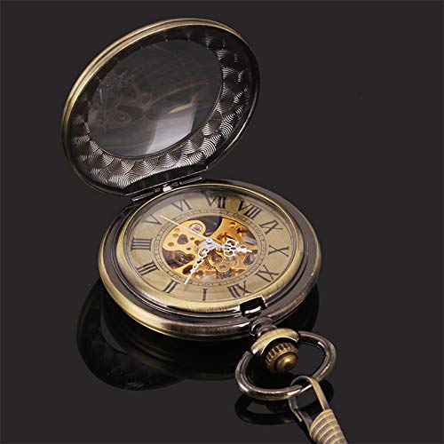 manchda® Retro reloj de bolsillo para los hombres las mujeres especial lupa mitad Hunter elegante grabado caso Steampunk esqueleto mecánico movimiento con cadena + caja de regalo