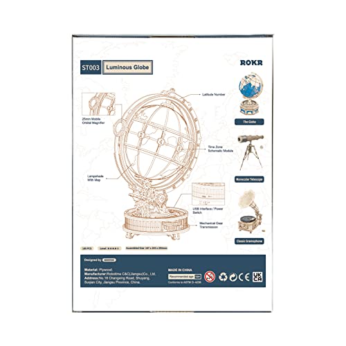 ROKR Globo Terráqueo con Luz,Maquetas para Construir Adultos,Puzzle 3D Madera Adultos(ST003)