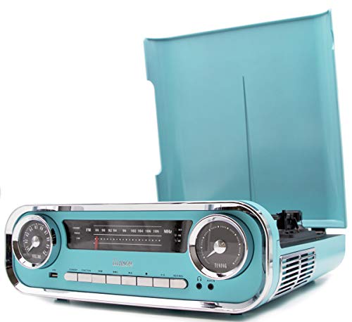 Lauson 01TT18 Tocadiscos Diseño Vintage Coche de Colección con 2 Altavoces Estéreo Integrado de 3 W | Tocadisco Vinilo con Radio FM, Función Bluetooth, USB, AUX | 3 Velocidades (33, 45, 78) (Azul) - no se que regalar