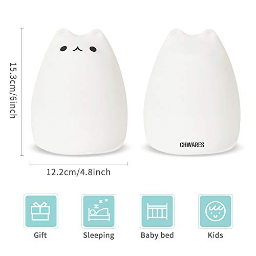 CHWARES Lámpara portátil LED del gato Niños luz de la noche de los niños multicolor de silicona, blanco cálido y 7 colores de respiración, Tap Control sensible, iluminación recargable USB