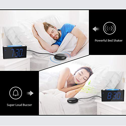 Reloj Despertador por Vibración con Agitador de Cama, Pantalla Regulable de 7 '', 7 Luces Nocturnas en Color, 12/24, Configuración de Respaldo de Batería, Despertador Grande para Dormitorio, Cojines