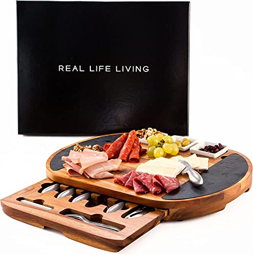 Tabla de Quesos y Embutido de Madera de Acacia Oval con Juego de Cuchillos para Queso de Acero Inoxidable. Lujoso Set de Tabla de Aperitivos Extra Grande con 17 Piezas en Elegante Caja de Regalo.