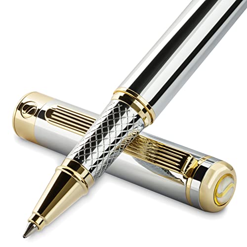 Rollerball Pen de Scriveiner - Bolígrafo Roller de Gama Alta con Acabado en Oro de 24 Quilates, Recambio Schmidt, Regalo Hombres y Mujeres, Bolígrafos Profesionales de Diseño (Cromado Plata)