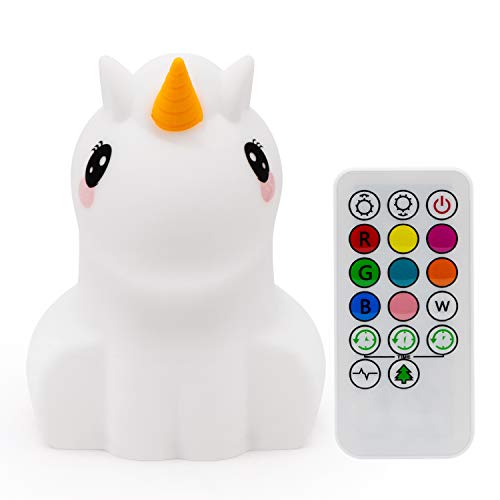 Glinrui Unicornio Luz de noche, lightsandfixtures, Luz Nocturna Infantil, Lámpara de Mesa, lámpara de cabecera silicona, 9 colores con control remoto, lámpara LED lámpara de cama Dormitorio - Mediano