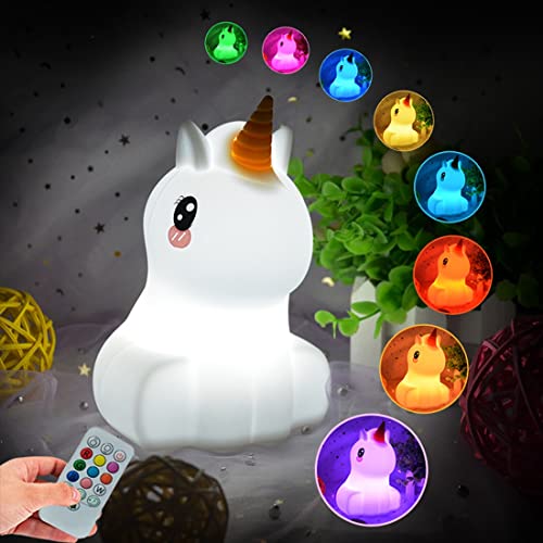 Glinrui Unicornio Luz de noche, lightsandfixtures, Luz Nocturna Infantil, Lámpara de Mesa, lámpara de cabecera silicona, 9 colores con control remoto, lámpara LED lámpara de cama Dormitorio - Mediano