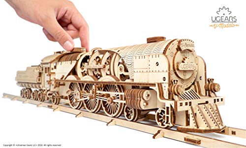 UGEARS V-Express Tren de Vapor - Set de Construcción Puzzle 3D Locomotora Modelo Mecánico de Madera