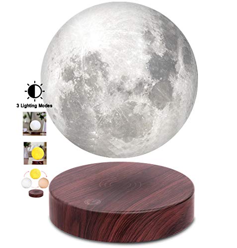 VGAzer Lámpara levitante de luna, flotante y giratoria en el aire libremente con base de madera de lujo y luz de luna LED de impresión 3D en 3 colores