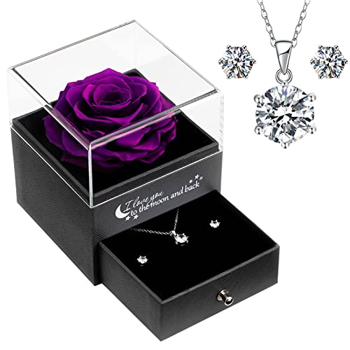 Sunia Eterna Rosa - Rosa Púrpura Preservada con Cadena Plata Mujer Regalo de Rosa Real Hecho a Mano para Mujer Mama Novia Regalo para Navidad Cumpleaños Dia de San Valentin Dia de la Madre