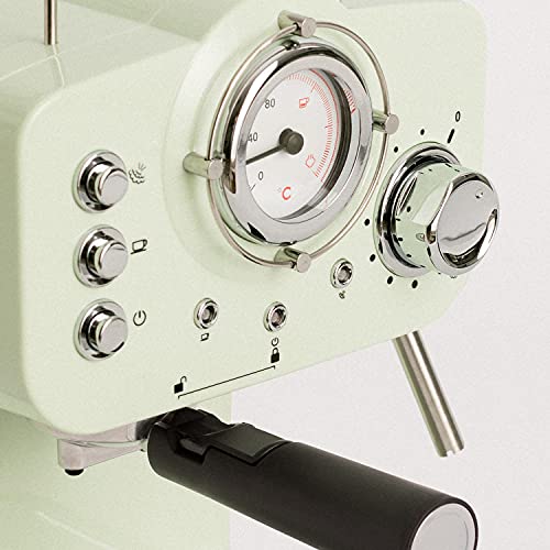 CREATE / THERA RETRO / Cafetera Express para Espresso y Cappucino Verde Pastel / 1100W, 15 Bares, Vaporizador Orientable, capacidad 1.25l, Café Molido y Monodosis, Con Doble Salida