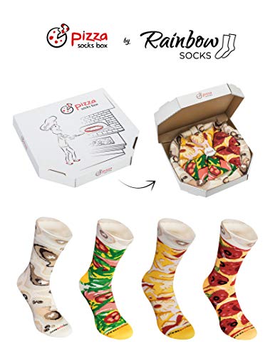 Rainbow Socks - Pizza MIX Italiana Hawaiana Pepperoni Mujer Hombre - 4 pares de Calcetines - Tamaño 41-46 - no se que regalar