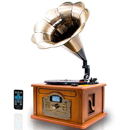 Lauson CL147 Gramófono Vintage Tocadiscos de Vinilo con Bluetooth | Altavoces incorporados Radio FM | CD | USB | 3 Velocidades | Fonógrafo Vinilos Madera