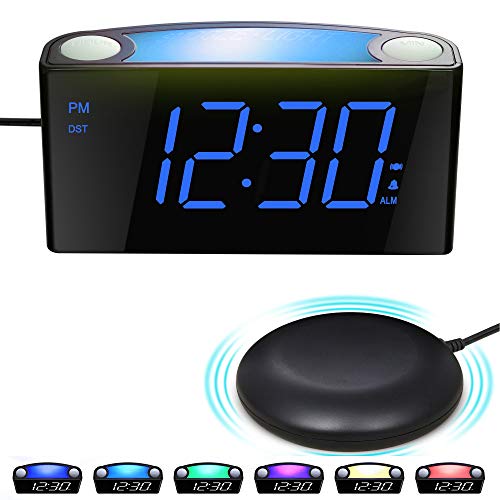 Reloj Despertador por Vibración con Agitador de Cama, Pantalla Regulable de 7 '', 7 Luces Nocturnas en Color, 12/24, Configuración de Respaldo de Batería, Despertador Grande para Dormitorio, Cojines