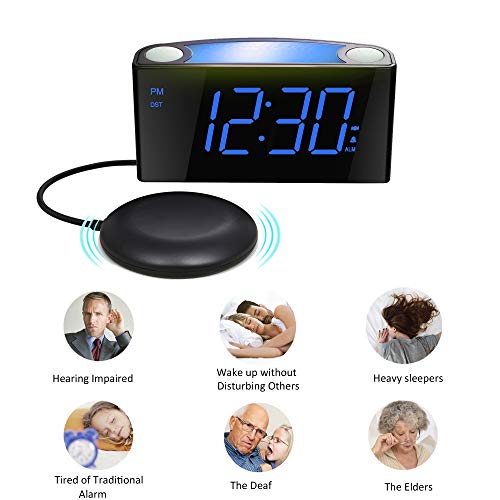 Reloj Despertador por Vibración con Agitador de Cama, Pantalla Regulable de 7 '', 7 Luces Nocturnas en Color, 12/24, Configuración de Respaldo de Batería, Despertador Grande para Dormitorio, Cojines