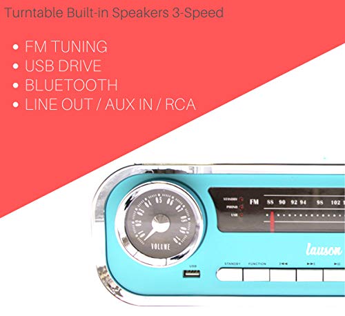 Lauson 01TT18 Tocadiscos Diseño Vintage Coche de Colección con 2 Altavoces Estéreo Integrado de 3 W | Tocadisco Vinilo con Radio FM, Función Bluetooth, USB, AUX | 3 Velocidades (33, 45, 78) (Azul) - no se que regalar