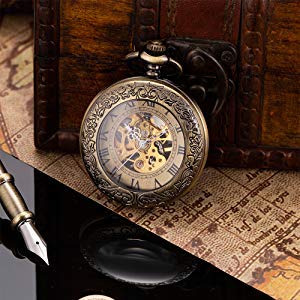 manchda® Retro reloj de bolsillo para los hombres las mujeres especial lupa mitad Hunter elegante grabado caso Steampunk esqueleto mecánico movimiento con cadena + caja de regalo