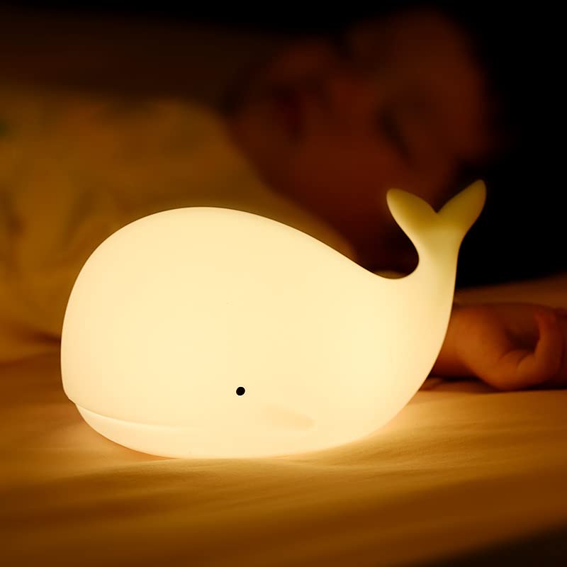 Ballena Luz De Noche Para BebéS Y NiñOs,Silicona De Color Led PortáTil,Modo De LáMpara Dual CáLida,ConversióN De Color Blanco Y 7 Luces,Control TáCtil Sensible,Puerto Usb Recargable(Blanco)