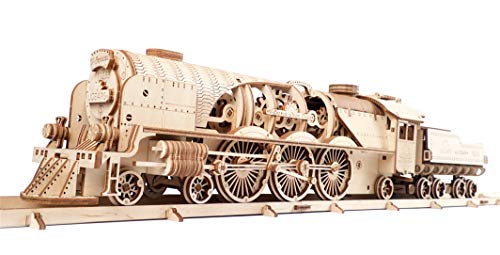 UGEARS V-Express Tren de Vapor - Set de Construcción Puzzle 3D Locomotora Modelo Mecánico de Madera