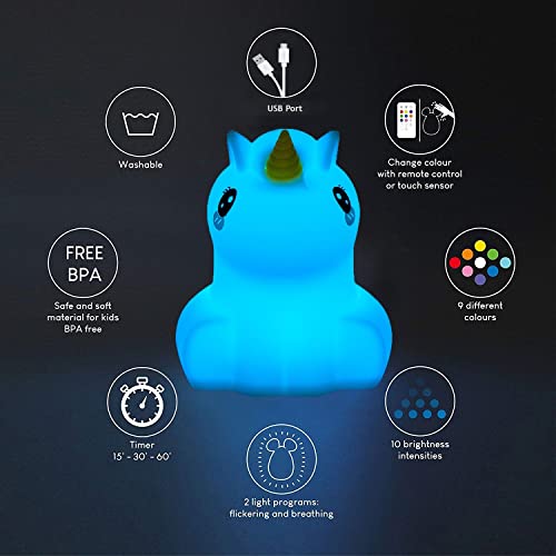 Glinrui Unicornio Luz de noche, lightsandfixtures, Luz Nocturna Infantil, Lámpara de Mesa, lámpara de cabecera silicona, 9 colores con control remoto, lámpara LED lámpara de cama Dormitorio - Mediano