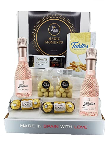 Valeli, Freixenet 2 cava mini 200ml Italian Rosé.Cesta delicatessen bombones Ferrero Rocher, Lindt. Regalo original Navidad, San Valentín, Cumpleaños.Estuche gourmet para regalar (ITALIAN ROSÉ)