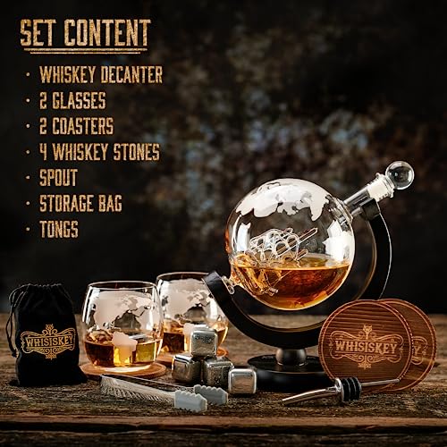 Whisiskey - Decantador de Whisky - Jarra de Whisky - Globo Terráqueo - 900ml - Cubitos Hielo Reutilizables - Regalos Originales para Hombre - Incl: 2 Vasos de Whisky, 4 Piedras de Whisky y 2 Posavasos