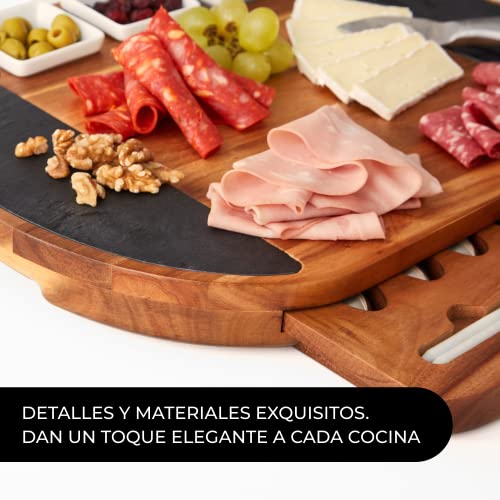 Tabla de Quesos y Embutido de Madera de Acacia Oval con Juego de Cuchillos para Queso de Acero Inoxidable. Lujoso Set de Tabla de Aperitivos Extra Grande con 17 Piezas en Elegante Caja de Regalo.