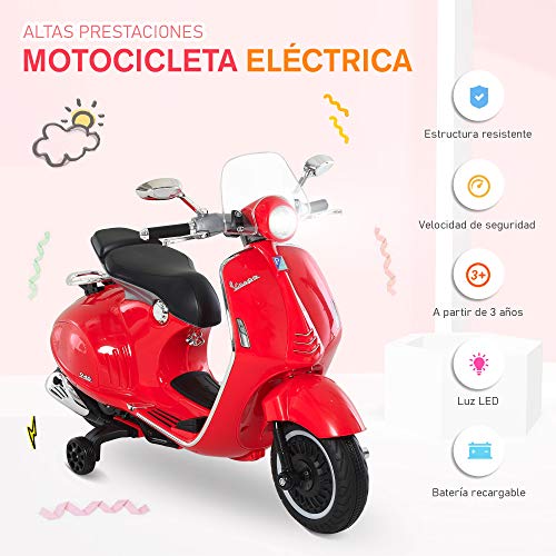 HOMCOM Moto Eléctrica Vespa Faros Música 2 Ruedas Auxiliares para Niños Mayores de 3 Años Motocicleta Infantil Autorizada 108x49x75 cm Rojo - no se que regalar