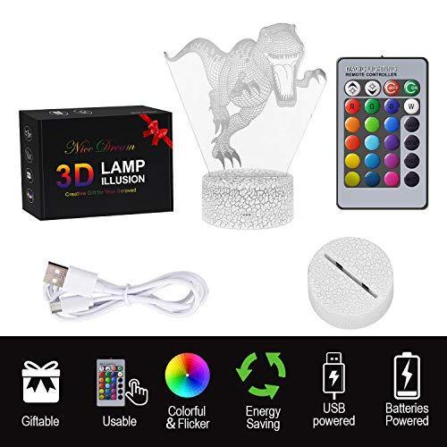 Dinosaurio Luz Nocturna Infantil, Juguete Dinosaurio para Chicos, Lámpara de Noche 3D de 16 Colores con Control Remoto, Regalos de Cumpleaños para Niños y Adultos - no se que regalar