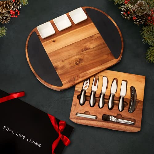 Tabla de Quesos y Embutido de Madera de Acacia Oval con Juego de Cuchillos para Queso de Acero Inoxidable. Lujoso Set de Tabla de Aperitivos Extra Grande con 17 Piezas en Elegante Caja de Regalo.