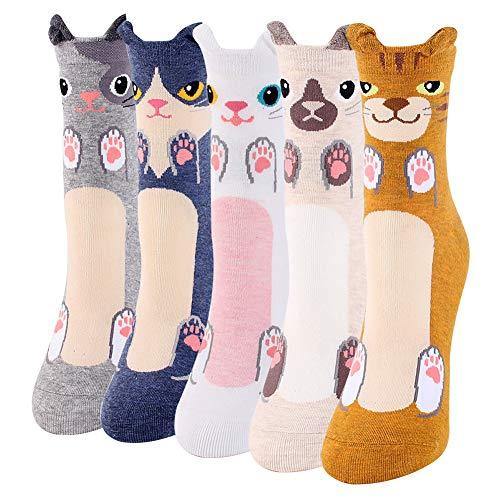 BONANGEL Calcetines Divertidos para Mujer, Calcetines de Animales, Novedad Bonita, Calcetines de Fantasía Coloridos Algodón Extraño, Cálidos Cumpleaños, Navidad para Mujeres (5 Pairs-Cat1) - no se que regalar