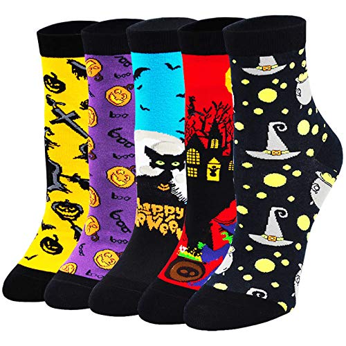 ZFSOCK Calcetines de Halloween para mujer, Divertidos Calcetines de Algodón con Patrones Luna Magos Murciélagos Calabaza, 5 pares, Tamaño 36-42 - no se que regalar