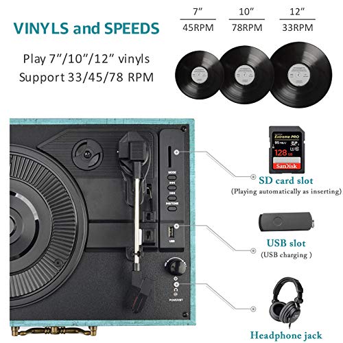 Tocadiscos de vinilo Tocadiscos Bluetooth USB con altavoces estéreo incorporados Diseño de maleta Retro Vintage Inalámbrico de 3 velocidades Vintage fonógrafo con correa Soporte RCA Salida AUX en Azul - no se que regalar