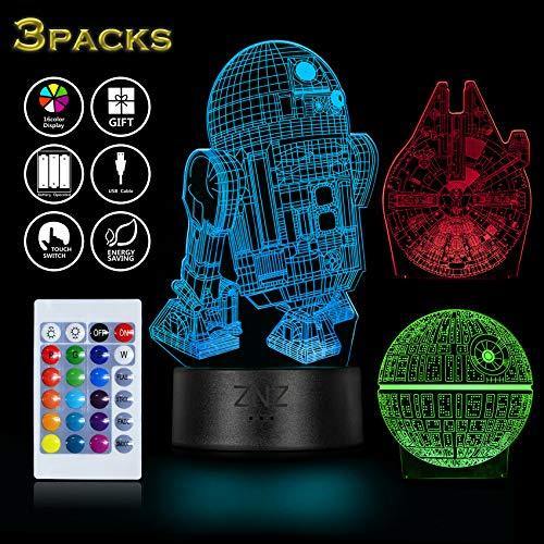 3D LED Star Wars Luz de noche, Lámpara de ilusión Death Star + R2-D2 + Millennium Falcon, Tres patrones y 16 colores Lámpara de decoración Cambio - Regalo perfectos para niño - 3 paquete - no se que regalar